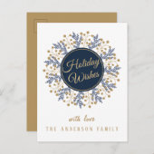 ブルーパーソナライズされたフローラクリスマスホリデーウィッシュ ポストカード (正面/裏面)