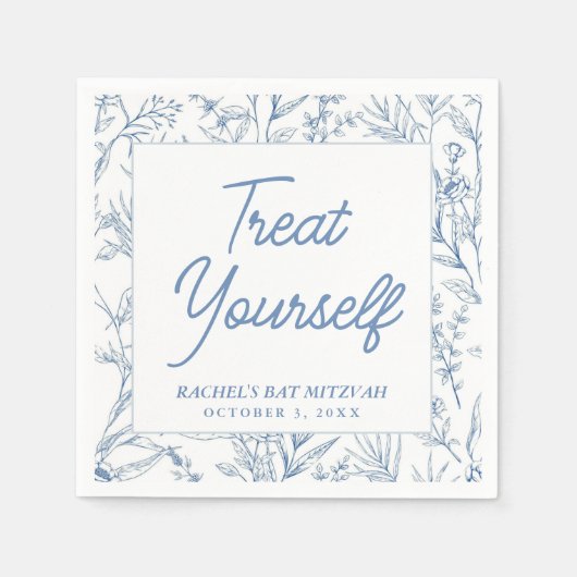 ブルーパーソナライズされたフローラバルミツワーナプキンス スタンダードカクテルナプキン (正面)