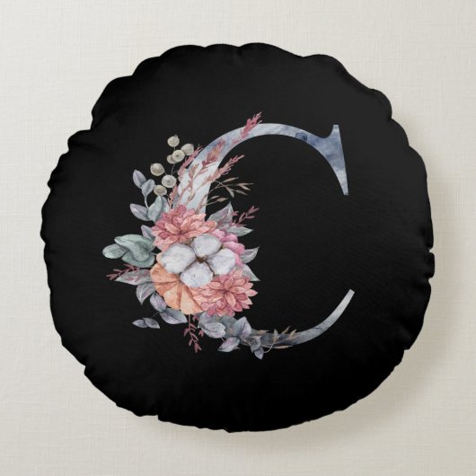 ブルーパーソナライズされたフローラモノグラムC ラウンドクッション (正面)