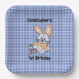 ブルーパーソナライズされたプレイド子供部屋アート – バニー紙 ペーパープレート