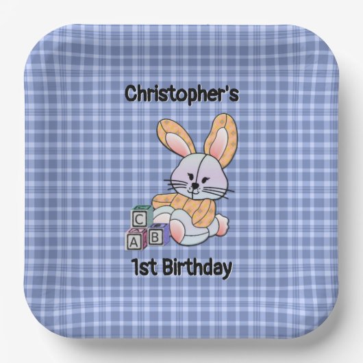 ブルーパーソナライズされたプレイド子供部屋アート – バニー紙 ペーパープレート (正面)