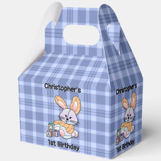 ブルーパーソナライズされたプレイド子供部屋アート – バニー フェイバーボックス (正面)