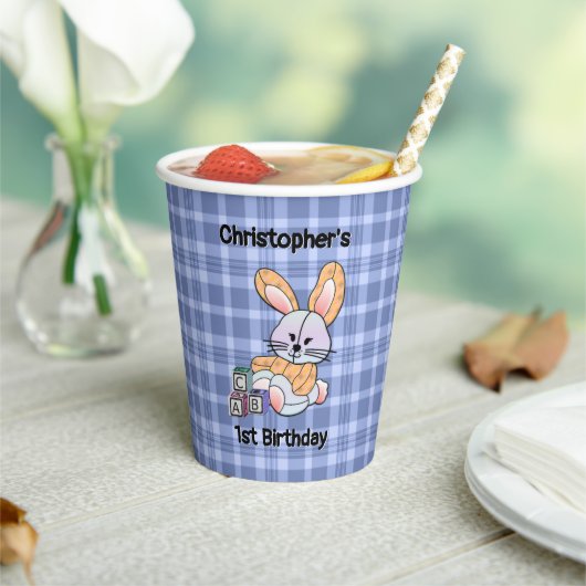 ブルーパーソナライズされたプレイド子供部屋アート – バニー 紙コップ (インサイチュ)