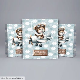 ブルーパーソナライズされたベアバッグ付きベビーシャワーパイロット ミディアムペーパーバッグ