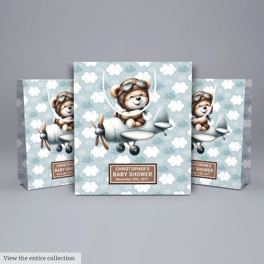 ブルーパーソナライズされたベアバッグ付きベビーシャワーパイロット ミディアムペーパーバッグ