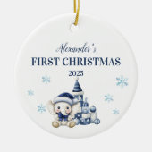 ブルーパーソナライズされたベビーゾウ初めてのクリスマス セラミックオーナメント (正面)