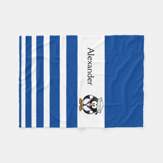 ブルーパーソナライズされたペンギンストライプのセーラー フリースブランケット (正面(横))
