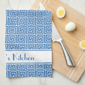 ブルーパーソナライズされたホワイトギリシャの蛇行鍵 キッチンタオル (四つ折り)