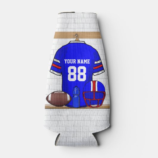 ブルーパーソナライズされたホワイトレッドフットボールジャージーボトル ボトルクーラー (正面)