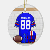 ブルーパーソナライズされたホワイトレッドフットボールジャージー セラミックオーナメント (左)