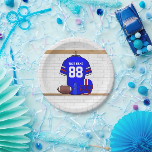 ブルーパーソナライズされたホワイトレッドフットボールジャージー ペーパープレート (パーティー)
