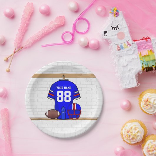 ブルーパーソナライズされたホワイトレッドフットボールジャージー ペーパープレート (パーティー)