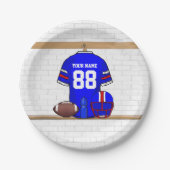 ブルーパーソナライズされたホワイトレッドフットボールジャージー ペーパープレート (正面)