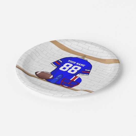 ブルーパーソナライズされたホワイトレッドフットボールジャージー ペーパープレート (アングル)