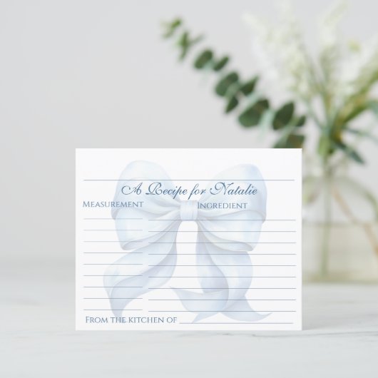 ブルーパーソナライズされたボウブライダルシャワーレシピカード (スタンド正面)