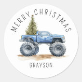 ブルーパーソナライズされたモンスタートラッククリスマスプレゼント ラウンドシール (正面)