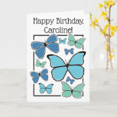 ブルーパーソナライズされたモーフォバタフライハッピーバースデー カード (黄色い花)