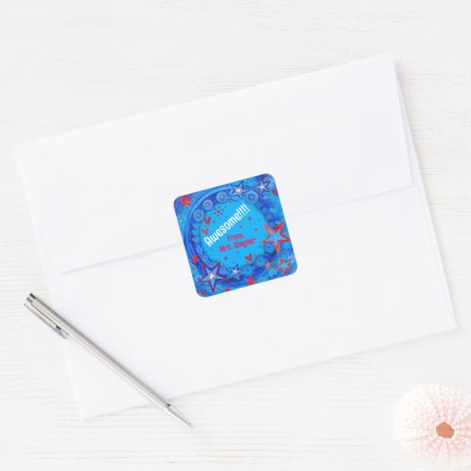 ブルーパーソナライズされたレッドスターズやる気を起こさせる先生 スクエアシール (封筒)