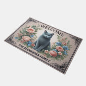 ブルーパーソナライズされたロシアのキャットフローラシックウェルカム ドアマット (アングル)