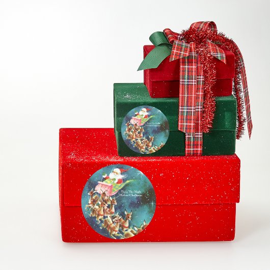 ブルーパーソナライズされたヴィンテージサンタクロースアンドトナカイ ラウンドシール