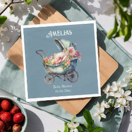 ブルーパーソナライズされたヴィンテージPramベビーシャワー スタンダードランチョンナプキン