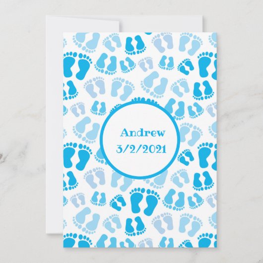 ブルーパーソナライズされた男の赤ちゃんベビー足 サンキューカード (正面)
