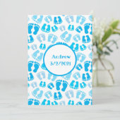 ブルーパーソナライズされた男の赤ちゃんベビー足 サンキューカード (スタンド正面)