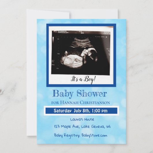 ブルーパーソナライズされた男の赤ちゃん超音波赤ちゃんシャワー 招待状 (正面)
