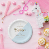 ブルーパーソナライズされた金ゴールドクロスベビーバプテスマ ペーパープレート (パーティー)