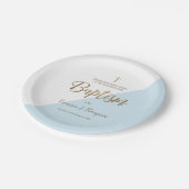 ブルーパーソナライズされた金ゴールドクロスベビーバプテスマ ペーパープレート (アングル)