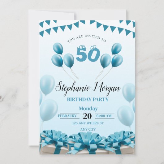 ブルーパーソナライズされた50モダンth誕生日パーティー 招待状 (正面)