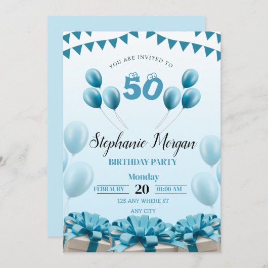 ブルーパーソナライズされた50モダンth誕生日パーティー 招待状 (正面/裏面)