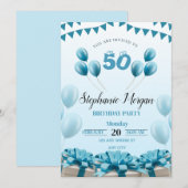 ブルーパーソナライズされた50モダンth誕生日パーティー 招待状 (正面/裏面)