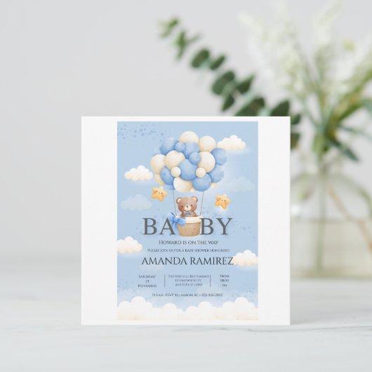 ブルーパーソナライズされた&クリームエレファントベビーシャワー サンキューカード (スタンド正面)