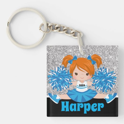 ブルーパーソナライズされた&シルバーチアリーティングキーチェーン キーホルダー (正面)