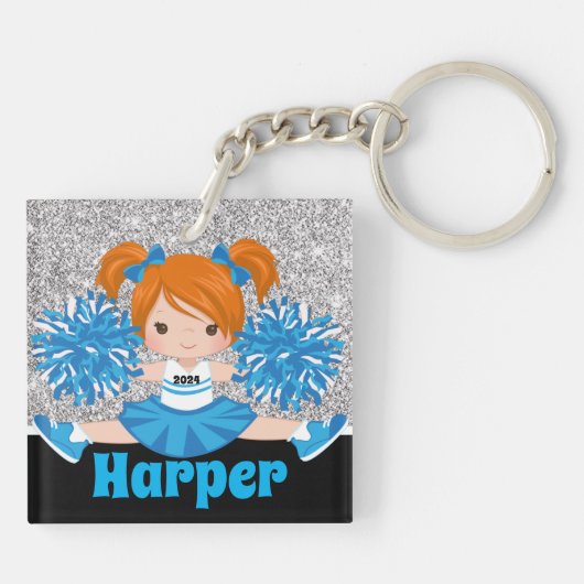ブルーパーソナライズされた&シルバーチアリーティングキーチェーン キーホルダー (裏面)