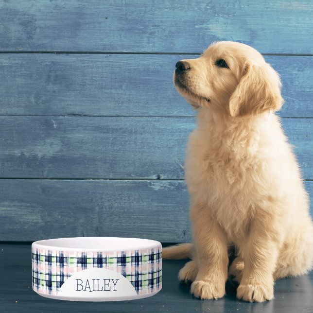 ブルーパーソナライズされた&ピンクプレイドペット ボウル (クリエイターアップロード済み)