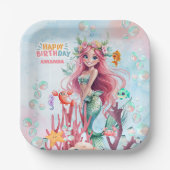 ブルーパーソナライズされた&ピンクマーメイド誕生日パーティー ペーパープレート (正面)