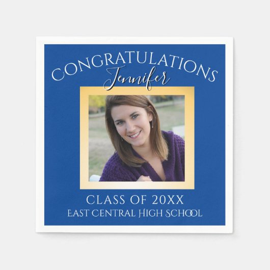 ブルーパーソナライズされた・金ゴールド高校 スタンダードカクテルナプキン (正面)