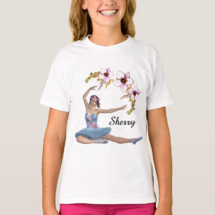 ブルーパーソナルネームのバレリーナピンクの花 Tシャツ