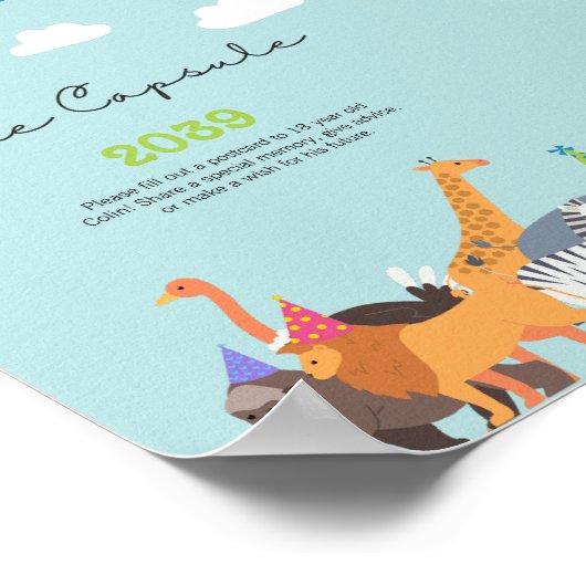 ブルーパーティー動物誕生日時間カプセル標識 ポスター (角)