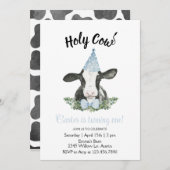 ブルーパーティー帽の牛の招待状(カウプリント) 招待状 (正面/裏面)