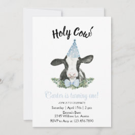 ブルーパーティー帽の牛の招待状（カウプリント） 招待状