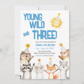 ブルーパーティー森林動物パーティーハット3歳の誕生日 招待状 (正面)