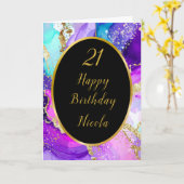 ブルーパープルと金ゴールドインク誕生日パーティー カード (黄色い花)