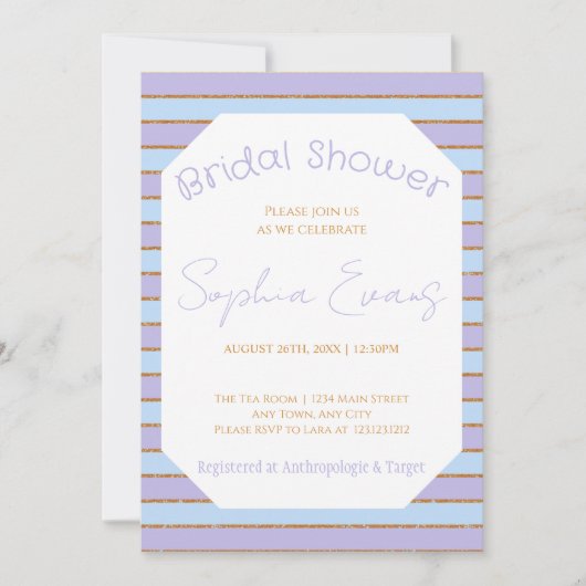ブルーパープルと金ゴールドストライプのブライダルシャワー 招待状 (正面)