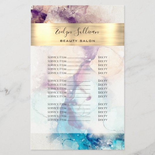 ブルーパープルの水彩及び金箔の価格表 チラシ (正面)
