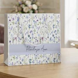 ブルーパープルの水彩野の花スクリプトネーム ラージペーパーバッグ