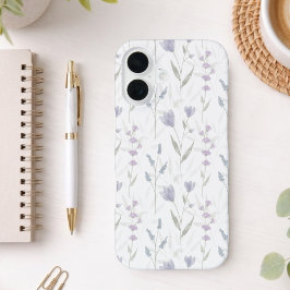 ブルーパープルの水彩野の花 iPhone 16ケース