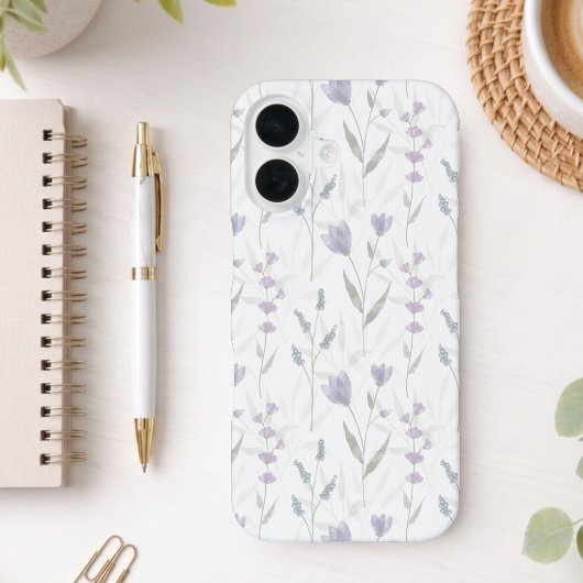 ブルーパープルの水彩野の花 iPhone 16ケース
